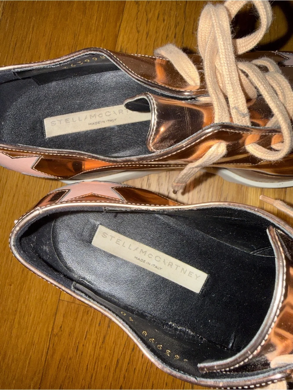 Stella McCartney Metallic Rose Gold Platform Lace-Up Sneakers with Pink Stars